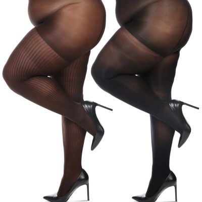 Women's Curvy 2 Pair Pack Flat Knit and Rib Control Top Tights